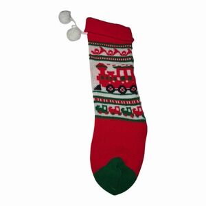 Vintage Hand Knit Christmas Yarn Stocking Pom Poms Train Santa Fireplace